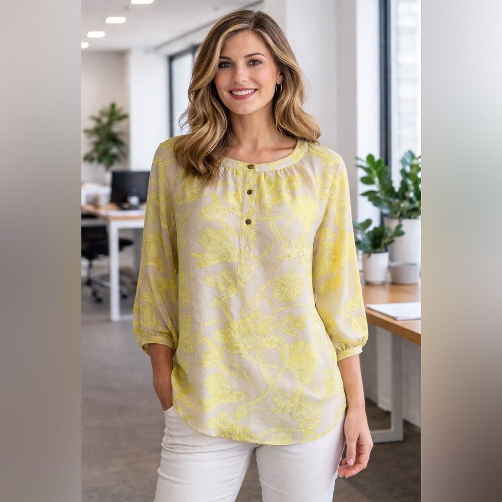 Banana Republic Women's 3/4 Sleeve Floral Yellow Blouse Button Front Size Medium